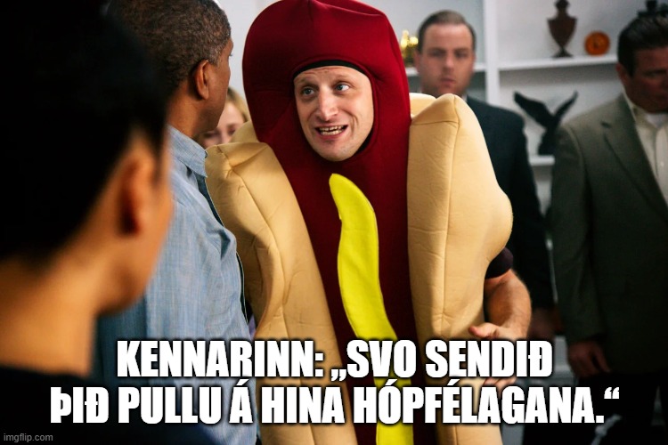 Meme þar sem kennarinn segir nemendum að senda pull request á hópfélagana.